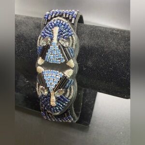 STELLA & DOT BEADED JAQUAR CUFF BRACELET BLACK BLUE SILVER 8”